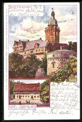 Künstler-AK Pansfelde, Burg Falkenstein, Hotel zum Falken