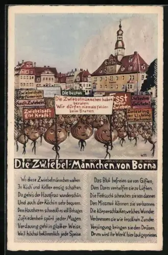 Künstler-AK Borna / Sachsen, Demonstration der Zwiebel-Männchen