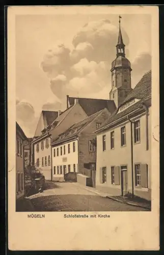 AK Mügeln / Sachsen, Schlossstrasse mit Kirche