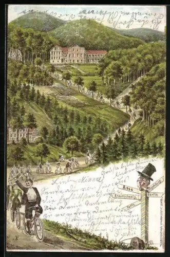 Lithographie Wittmar, Gasthaus auf der Asse, Radfahrer