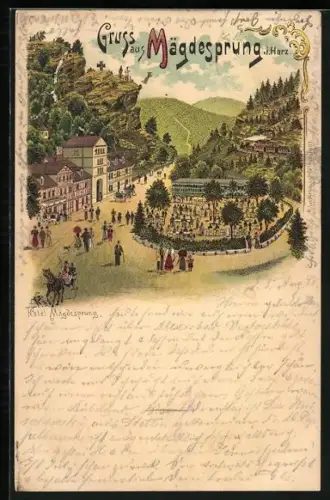 Lithographie Mägdesprung, Strassenpartie am Hotel Mägdesprung