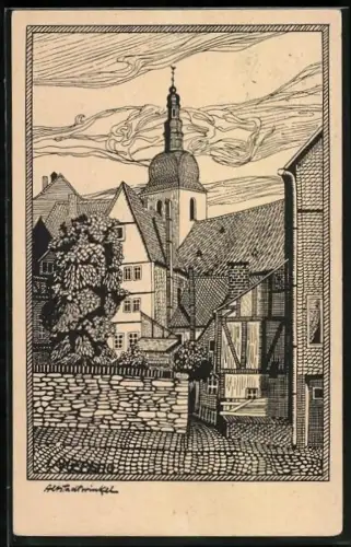 Künstler-AK Siegen, am grünen Pfuhl, Blick zur Kirche
