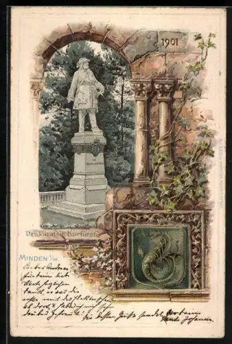 Passepartout-Lithographie Minden i. W., Denkmal Grosser Kurfürst, Wappen mit Wyvern