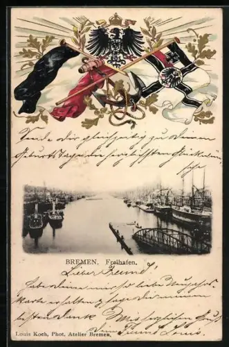 Passepartout-Lithographie Bremen, Freihafen, Wappen und Fahnen