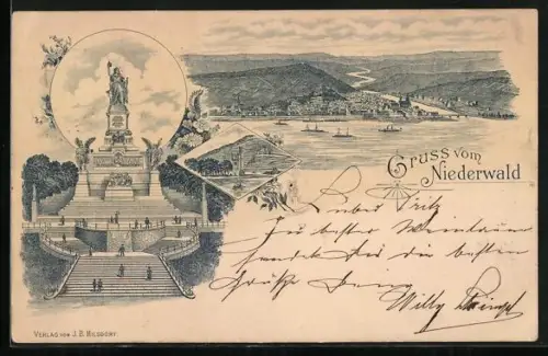 Mondschein-Lithographie Bingen a. Rh., Niederwalddenkmal, Ortsansicht