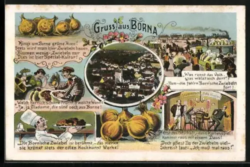 Künstler-AK Borna / Sachsen, Ode an die Bornaer Zwiebel, Illustrationen & Reime
