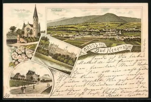 Lithographie Bad Neuenahr, Totalansicht, Evangelische Kirche, Bahnhof m. Restaurant Goeres