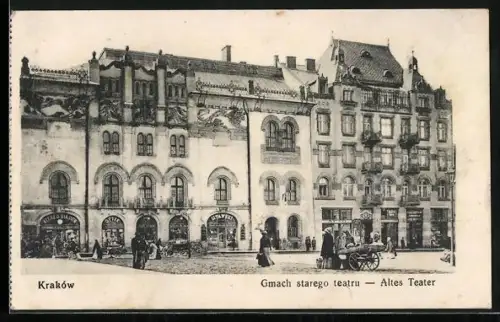AK Krakow, Altes Theater mit Geschäften und Marktstand