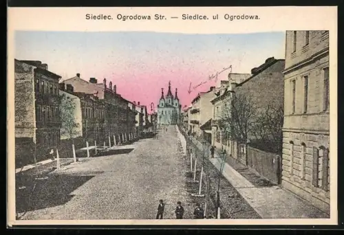 AK Siedlec, Ogrodowa Strasse mit Kirche aus der Vogelschau