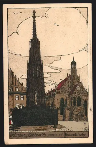 Steindruck-AK Nürnberg, Schöner Brunnen und Frauenkirche