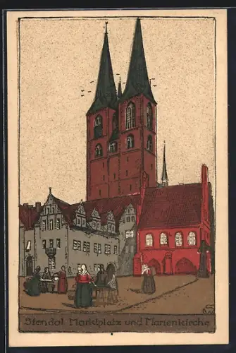 Steindruck-AK Stendal, Marktplatz und Marienkirche