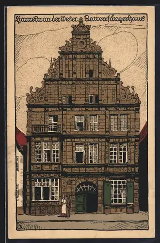 Steindruck-AK Hameln an der Weser, Partie am Rattenfängerhaus