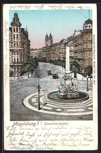 Goldfenster-AK Magdeburg, Hasselbachplatz mit Strassenbahnen
