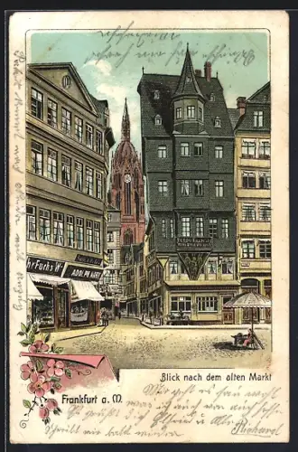 Lithographie Alt-Frankfurt, Geschäft Adolph Marx mit Blick nach dem Alten Markt