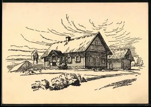 Künstler-AK Ost-Lettland, Blick auf einen Bauernhof