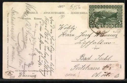 AK Konjica, Teilansicht mit Brücke und Minarettes