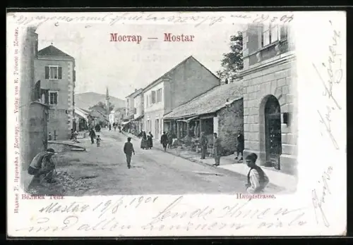 AK Mostar, Hauptstrasse mit Passanten