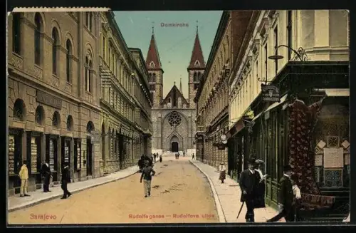 AK Sarajevo, Strasse Rudolfsgasse mit Domkirche