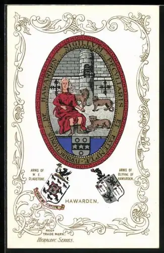 AK Hawarden, Arms of W. E. Gladstone, Arms of Glynne of Hawarden, Wappen und Ornament-Rahmen