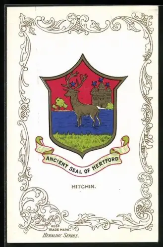 AK Hitchin, Ancient Seal of Hertfort, Wappen und Ornament-Rahmen