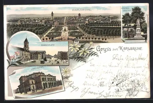 Lithographie Karlsruhe, Kriegerdenkmal, Marktplatz und Hoftheater