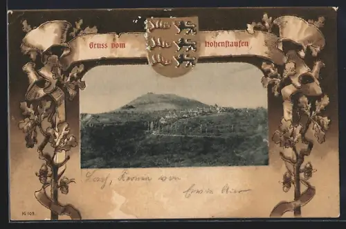 AK Hohenstaufen, Ortsansicht aus der Vogelschau, Wappen