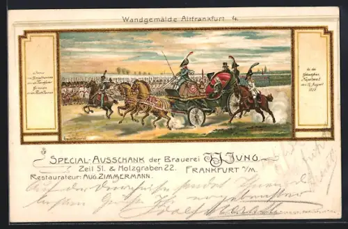 Lithographie Alt-Frankfurt, Gasthof der Brauerei J. J. Jung, Zeil 51 & Holzgraben 22, Wandgemälde Altfrankfurt 4