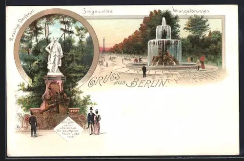 Lithographie Berlin-Tiergarten, Partie am Wrangelbrunnen, Lessing-Denkmal