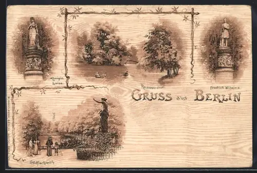 Lithographie Berlin-Tiergarten, Königin Luise, Rousseau-Insel, Friedrich Wilhelm III., Goldfischteich