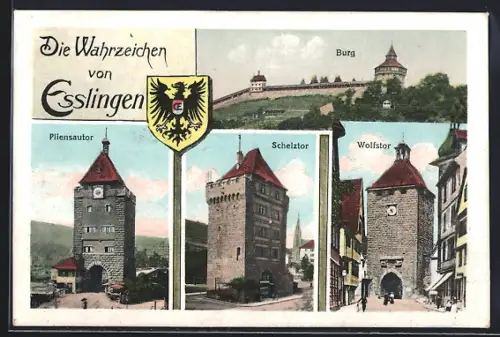 AK Esslingen / Neckar, Pliensautor, Wolfstor, Schelztor, Burg