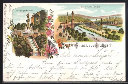 Lithographie Stuttgart, König-Karl`s-Brücke, Herzog Eugen Brunnen