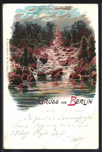 Lithographie Berlin-Kreuzberg, Wasserfall im Victoria-Park bei elektrischer Beleuchtung