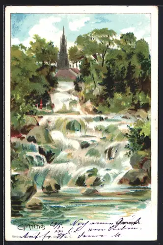 Künstler-Lithographie Carl Münch: Berlin-Kreuzberg, Wasserfall im Victoriapark