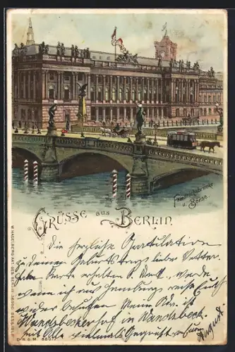 Lithographie Berlin, Friedrichsbrücke und Börse mit leuchtenden Fenstern bei Burgstrasse