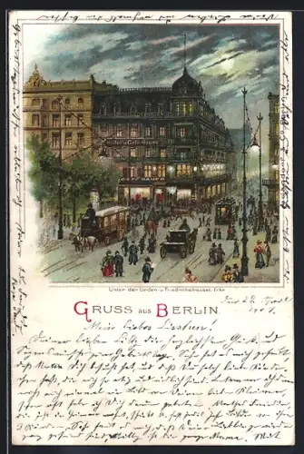 Lithographie Berlin, Unter den Linden, Strassenbahn