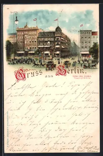 Lithographie Berlin, Unter den Linden Ecke Friedrichstrasse mit Cafe Bauer