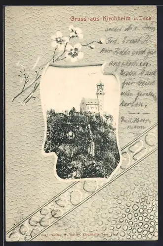 AK Kirchheim / Teck, Turmgebäude, Ornament-Rahmen, Blumen