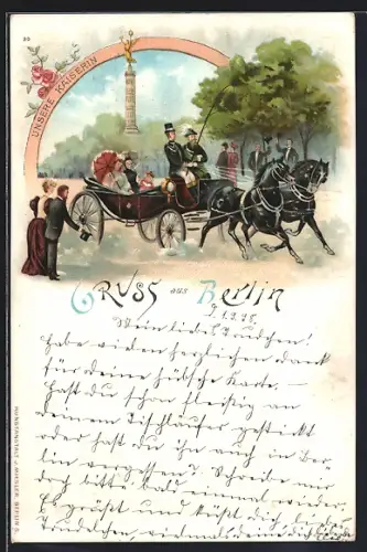 Lithographie Berlin, Unsere Kaiserin, Auguste Victoria unterwegs im Grossen Tiergarten