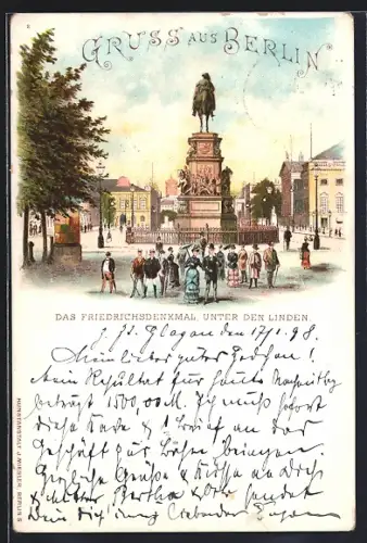 Lithographie Berlin, Friedrichsdenkmal Unter den Linden