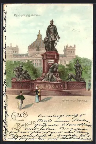 Lithographie Berlin-Tiergarten, Reichstagsgebäude & Bismarck-Denkmal