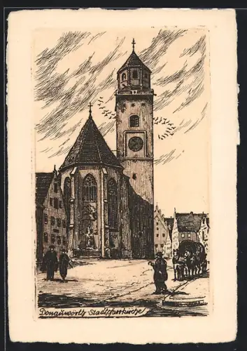 Künstler-AK Donauwörth, Stadtpfarrkirche mit Strasse