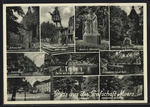AK Moers, Grafschaft Moers, Steinstrasse, Uerdingerstrasse m. Kgl. Hof, Schlosspark