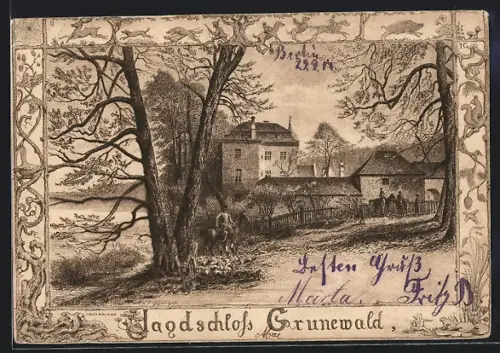 Künstler-AK Berlin-Grunewald, Jagdschloss Grunewald mit Reitern, Waldtiere