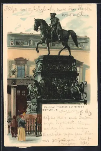 Lithographie Alt-Frankfurt, Denkmal Friedrich der Grosse mit Passanten