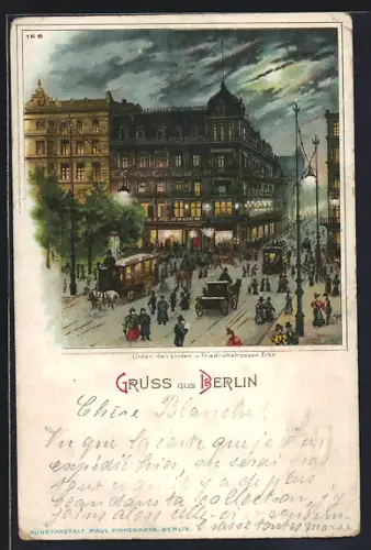 Lithographie Berlin, Unter den Linden, Strassenbahn