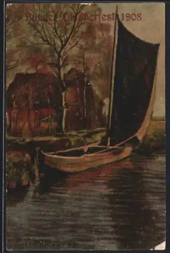 Künstler-AK Bünde, Bünder Oktoberfest 1908, Segelboot vor der Fahrt