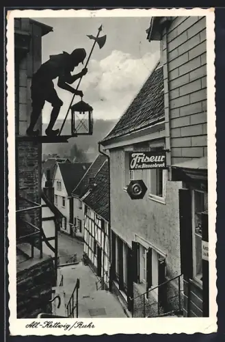 AK Alt-Kettwig /Ruhr, Strassenpartie mit Nachtwächter und Friseur Ew. Binnebruck