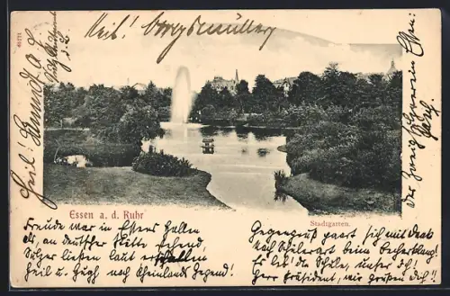 AK Essen a. d. Ruhr, Stadtgarten mit Fontäne