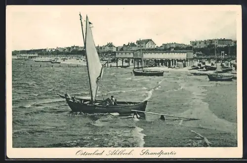 AK Ahlbeck / Ostseebad, Strandpartie, Segelboot