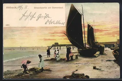 AK Ahlbeck / Ostseebad, Strandpartie am Damenbad mit Segelboot